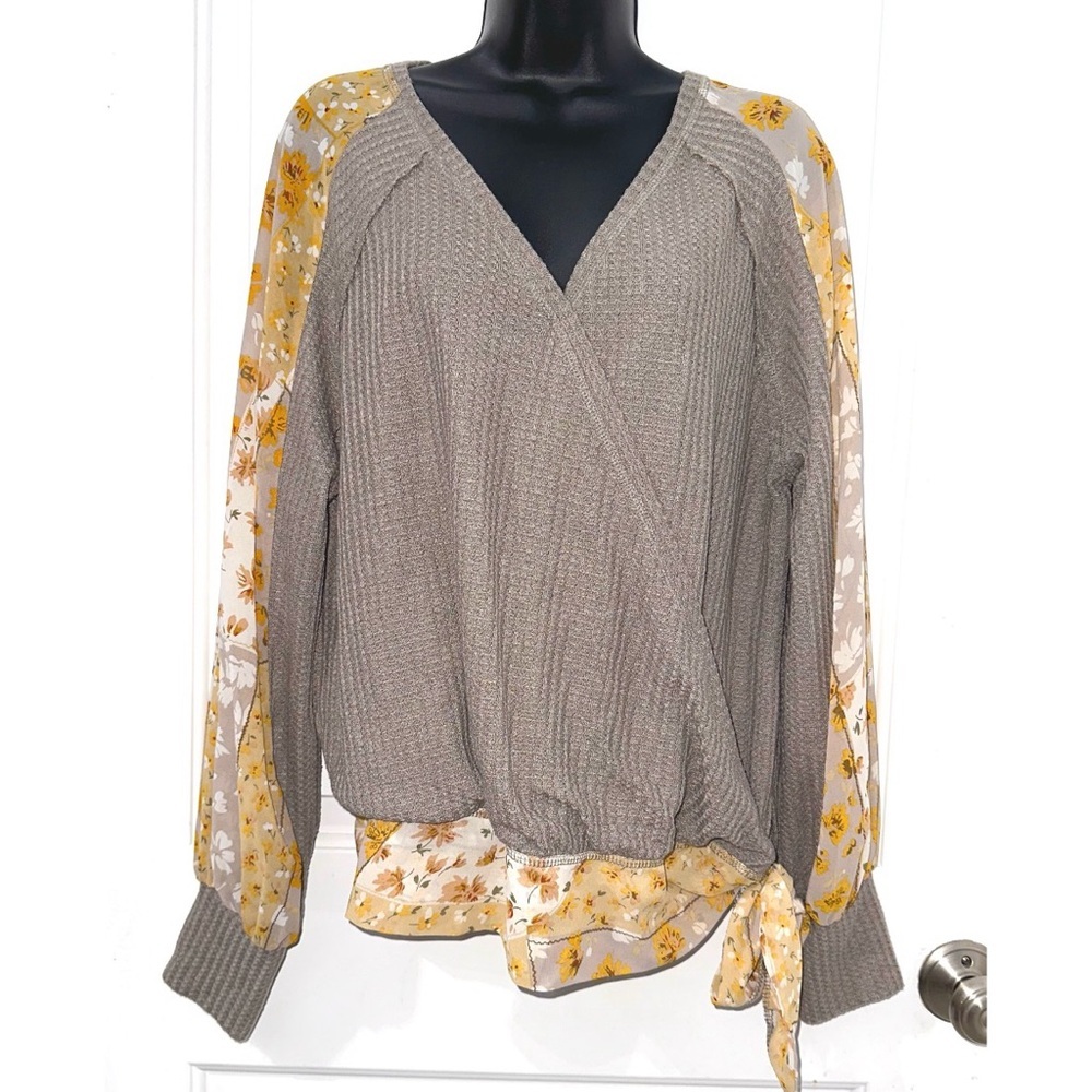 L Love Waffle Knit Top with Floral print chiffon sleeves